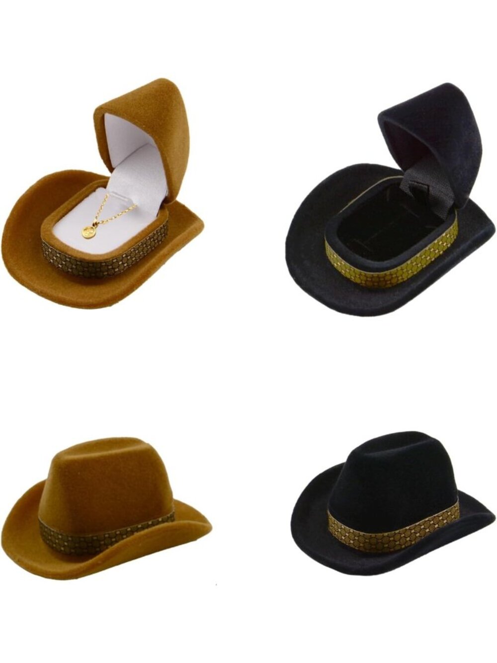 Set of 4 Cowboy Hat Jewelry Boxes - Stylish Black & Brown Storage for